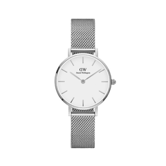 Petite Sterling Silver women's watch with a small round white dial and a fine stainless steel mesh strap, designed for a minimalist and elegant look.