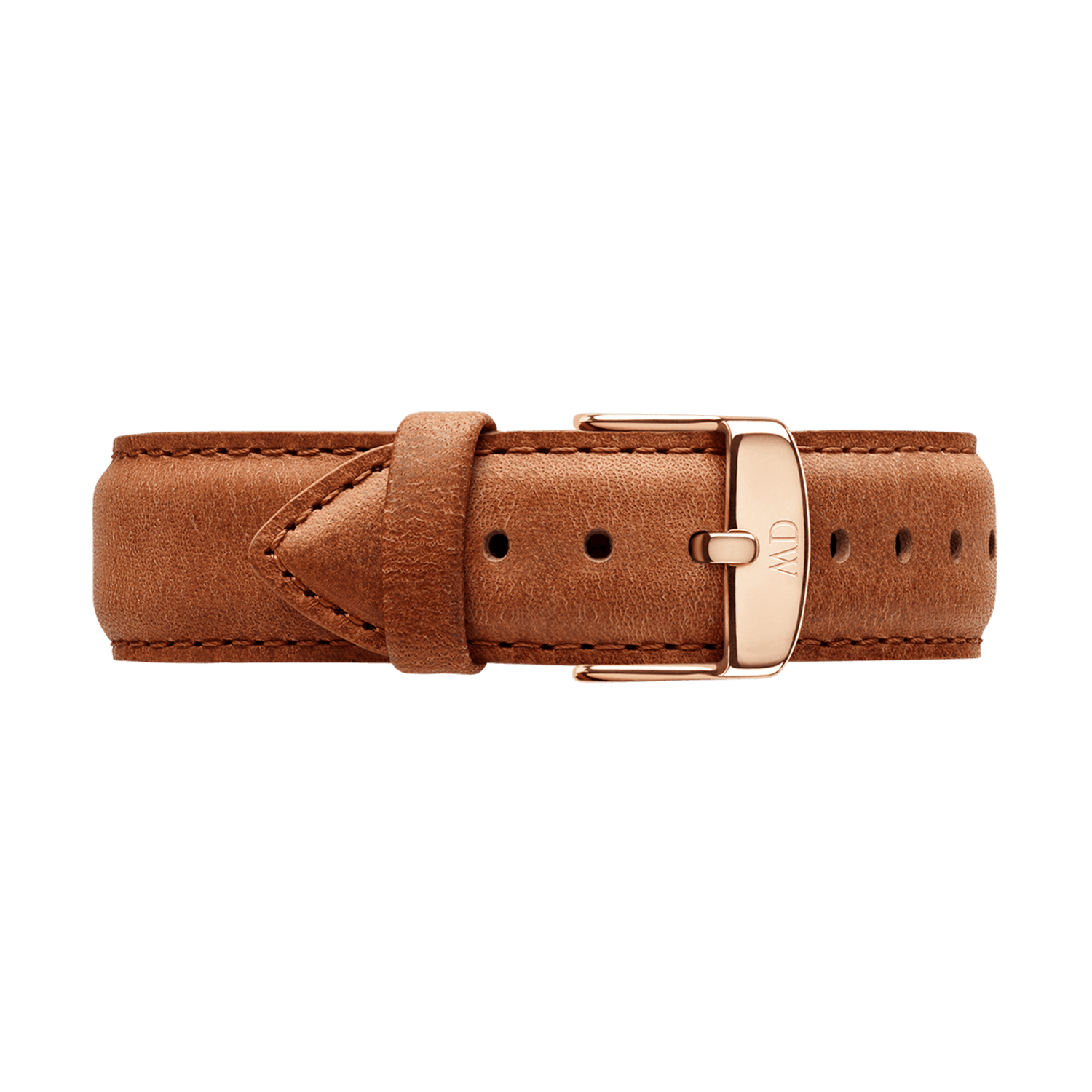 Light brown genuine leather watch strap with a smooth, vintage-inspired finish and a rose gold buckle, featuring detailed stitching and multiple adjustment holes for a comfortable fit.
