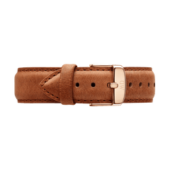 Light brown genuine leather watch strap with a smooth, vintage-inspired finish and a rose gold buckle, featuring detailed stitching and multiple adjustment holes for a comfortable fit.