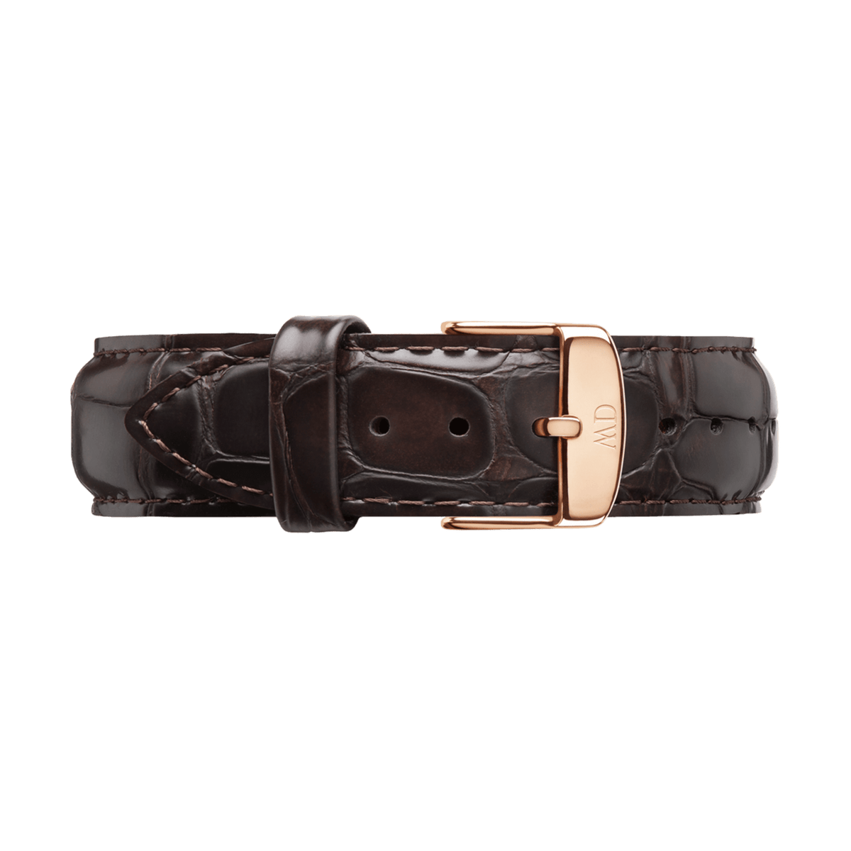 York Strap Rose Gold replacement watch strap in glossy dark brown croc embossed leather, finished with a polished rose gold buckle and detailed stitching for a sophisticated look.