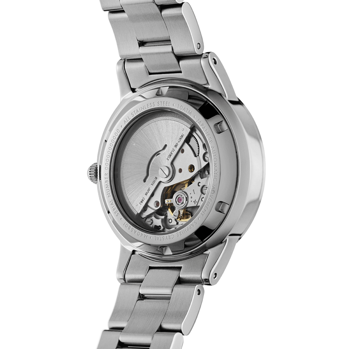 Exhibition case back of the Daniel Wellington Iconic Link Automatic watch, showing the self-winding movement and polished stainless steel bracelet.