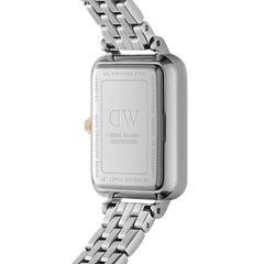 The back of the Quadro Lumine 5-link two-tone ladies watch, showing the stainless steel case, engraved details, and silver-gold bracelet links.