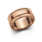 Wide rose gold ring with a bold geometric band, featuring textured accents and the Daniel Wellington logo engraved around the centre.