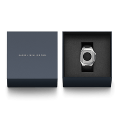 Switch Silver Apple Watch case with black rubber strap presented in a premium navy gift box, highlighting its brushed stainless steel octagonal design and elegant packaging for 40mm Apple Watch models.