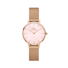 Petite Melrose Pearl ladies watch featuring a rose gold mesh strap and a pink mother of pearl dial, designed for a comfortable fit and elegant everyday style.