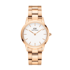 Iconic Link Rose Gold watch featuring a polished rose gold stainless steel three-link bracelet and minimalist eggshell white dial, designed for a refined and versatile everyday look.
