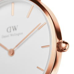 Close-up of the Petite St Mawes rose gold women’s watch, highlighting the polished rose gold-plated case, minimalist white dial, and refined detailing.