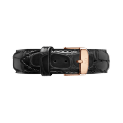 Black pressed croc leather watch strap with a polished rose gold buckle, featuring detailed stitching and a textured finish for a refined, modern look.