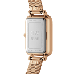 Back view of the Quadro Pressed Melrose Rose Gold watch showing its stainless steel case, engraved details, and rose gold mesh strap with adjustable clasp.