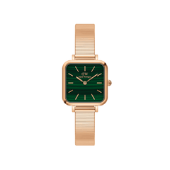 Quadro Studio Green Rose Gold ladies watch with a square rose gold case, deep green dial, minimalist hour markers, and a slim piano link mesh strap.