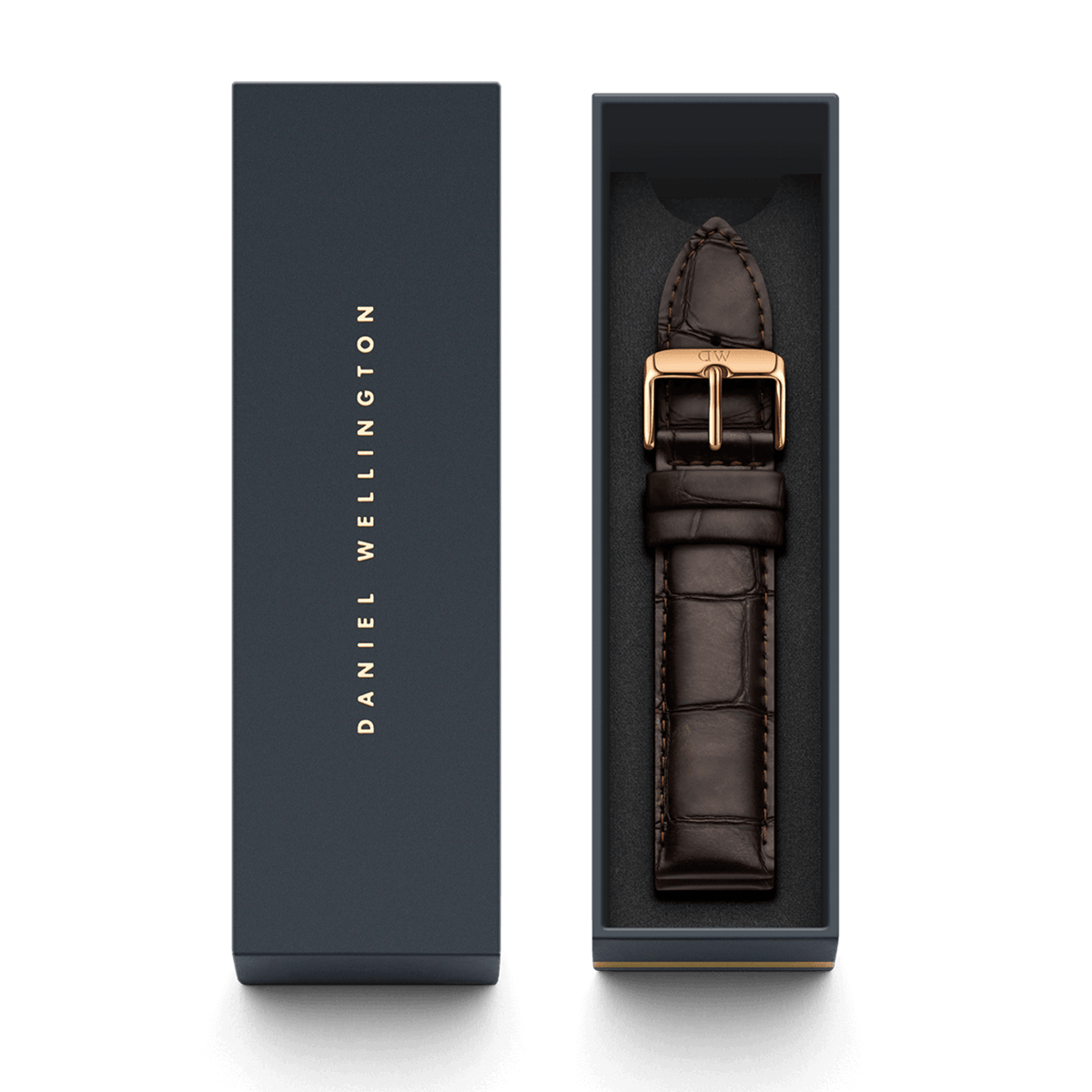 York Strap Rose Gold presented in a Daniel Wellington gift box, featuring a dark brown croc embossed genuine leather strap with a rose gold buckle for a premium watch upgrade.