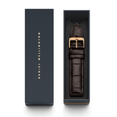 York Strap Rose Gold presented in a Daniel Wellington gift box, featuring a dark brown croc embossed genuine leather strap with a rose gold buckle for a premium watch upgrade.