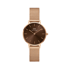 Petite Amber Rose Gold ladies watch featuring a sunray amber brown dial, slim rose gold mesh strap, and minimalist hour markers, designed for a refined and versatile everyday look.