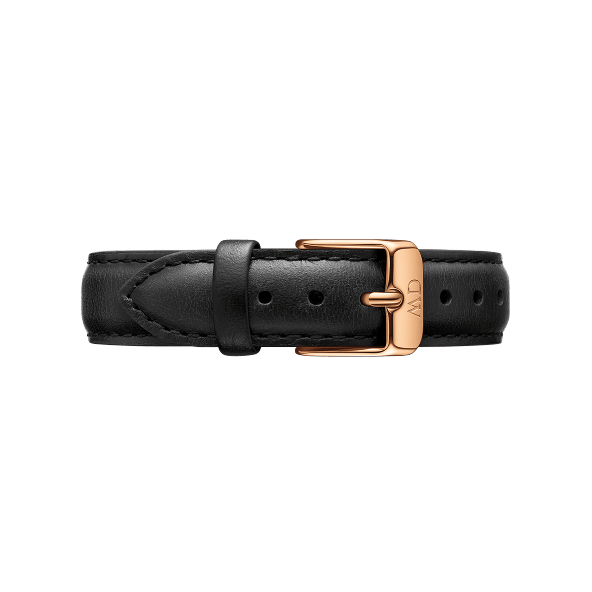 Black genuine leather watch strap with a rose gold buckle, designed to fit the Petite Sheffield Rose Gold ladies watch for a comfortable and elegant everyday style.
