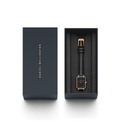 Quadro Pressed Sheffield B 29x36,5 Rose Gold ladies watch presented in a sleek gift box, featuring a rectangular black dial, rose gold case, and slim black leather strap, ideal for gifting or adding to a stylish collection.