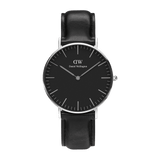 Classic Sheffield Black Silver watch with a minimalist black dial, polished silver case, and genuine black leather strap, featuring slim hour markers and a sleek round design suitable for both men and women.