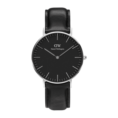 Classic Sheffield Black Silver watch with a minimalist black dial, polished silver case, and genuine black leather strap, featuring slim hour markers and a sleek round design suitable for both men and women.