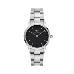 Iconic Link by Daniel Wellington featuring a polished stainless steel link bracelet, understated black dial, and minimalist silver hour markers, suitable for both men and women seeking a versatile everyday watch.