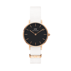 Petite Dover Black Rose Gold ladies watch with a rose gold case, minimalist black dial, and an adjustable white NATO strap, showcasing a modern and elegant design suitable for both casual and formal outfits.