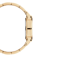 Side profile of the Iconic Link Gold watch, displaying the slim gold case and smooth, curved gold bracelet links for a comfortable and elegant fit.