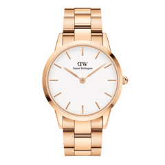 Iconic Link Rose Gold watch with a brushed rose gold stainless steel bracelet, minimalist eggshell white dial, and slim hour markers, designed for both men and women.