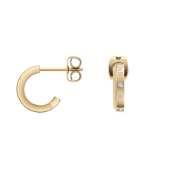 Classic Lumine Gold earrings featuring a petite gold hoop design, four sparkling crystals, engraved logotype, and a secure stud closure, shown from side and front angles.