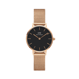 Petite Melrose Black Rose Gold watch with a black minimalist dial, slim rose gold hour markers, and a polished rose gold mesh strap, offering a refined and versatile look for women.