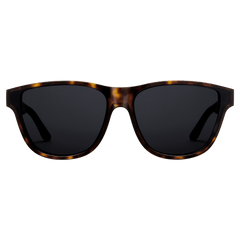 Ambler Bio-Acetate Dark Havana sunglasses with a rectangular tortoiseshell frame and dark UV400 lenses, featuring a lightweight and sustainable design for women.