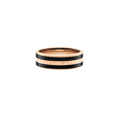 Emalie Ring Rose Gold Black shown from the side, highlighting its slim rose gold band, glossy black enamel stripe, and Daniel Wellington engraved detail for a modern minimalist finish.