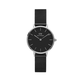 Petite Ashfield Silver showcases a minimalist black dial with slim silver hands and hour markers, paired with an adjustable black stainless steel mesh strap for a sophisticated and comfortable fit.