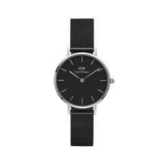 Petite Ashfield Silver showcases a minimalist black dial with slim silver hands and hour markers, paired with an adjustable black stainless steel mesh strap for a sophisticated and comfortable fit.