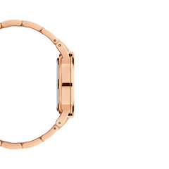 Side profile of the Iconic Link Rose Gold watch showing the slim rose gold stainless steel case and sculpted bracelet, highlighting its sleek and modern silhouette.