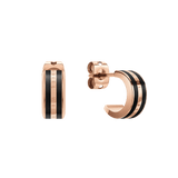 Pair of Emalie Earrings Rose Gold Black featuring a minimalist huggie design with rose gold stainless steel and bold black enamel detailing, shown with stud closures for secure and comfortable wear.