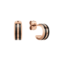 Pair of Emalie Earrings Rose Gold Black featuring a minimalist huggie design with rose gold stainless steel and bold black enamel detailing, shown with stud closures for secure and comfortable wear.