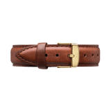St Mawes Strap Gold features rich brown genuine leather with detailed stitching and a polished gold buckle, offering a stylish and comfortable replacement watch strap for Daniel Wellington watches.