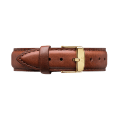St Mawes Strap Gold features rich brown genuine leather with detailed stitching and a polished gold buckle, offering a stylish and comfortable replacement watch strap for Daniel Wellington watches.