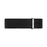 Black NATO style watch strap made from durable polyester fabric, featuring a minimalist design with gold hardware and an adjustable buckle for a secure, comfortable fit.
