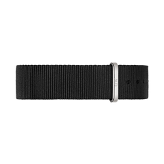 Black NATO style watch strap made from durable polyester fabric, featuring a minimalist design with gold hardware and an adjustable buckle for a secure, comfortable fit.