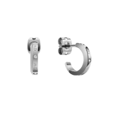Pair of Classic Lumine Silver hoop earrings in polished silver-tone metal, each featuring engraved branding and sparkling crystal accents, shown from front and side angles.