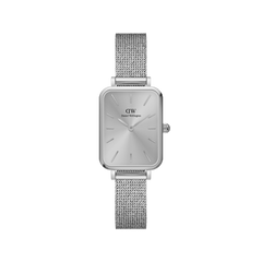 Quadro Pressed Unitone Silver ladies watch featuring a rectangular brushed silver dial and a slim, seamless silver mesh strap, designed for everyday comfort and minimalist style.