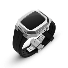 Switch Silver Apple Watch case in brushed stainless steel with a geometric octagonal shape, shown with a black rubber strap and deployment clasp for secure fastening, designed for 40mm Apple Watch models.
