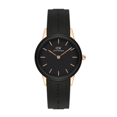 Daniel Wellington Iconic Motion Rose Gold watch with a minimalist black dial, rose gold markers and hands, rose gold stainless steel case, and a black FKM rubber strap, designed for everyday versatility.