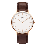 Classic Bristol Rose Gold watch with a minimalist eggshell white dial, slim rose gold case, and a dark brown genuine leather strap. The clean design and neutral tones make it a versatile accessory for both formal and casual outfits.
