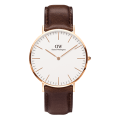 Classic Bristol Rose Gold watch with a minimalist eggshell white dial, slim rose gold case, and a dark brown genuine leather strap. The clean design and neutral tones make it a versatile accessory for both formal and casual outfits.