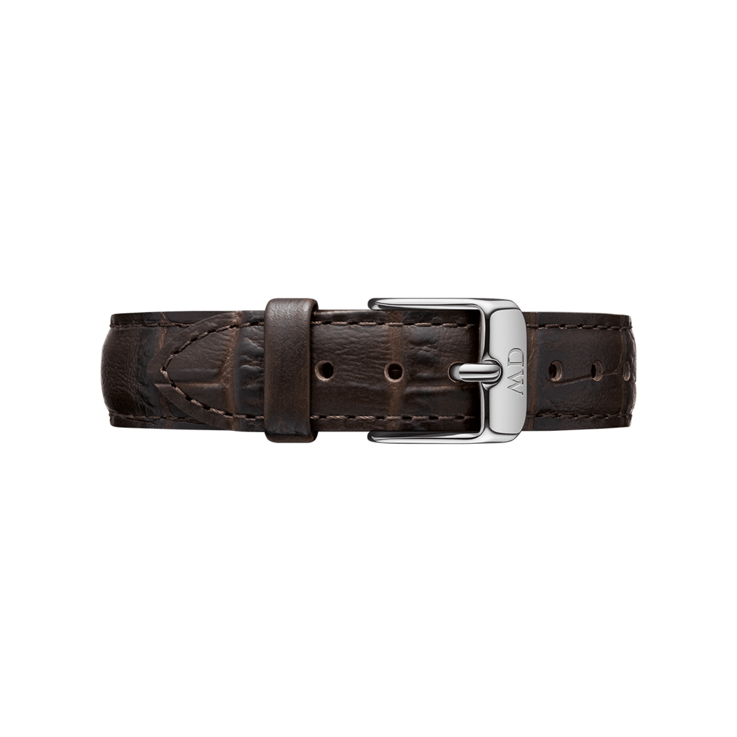 York Strap Silver brown crocodile-embossed leather watch strap with polished silver buckle, detailed stitching, and adjustable holes for a comfortable, refined fit.
