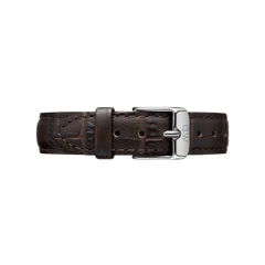 York Strap Silver brown crocodile-embossed leather watch strap with polished silver buckle, detailed stitching, and adjustable holes for a comfortable, refined fit.
