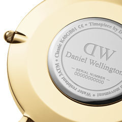 Close-up of the Classic Sheffield Gold watch case back, showing the engraved Daniel Wellington branding, water resistance details, and serial number on a polished gold finish.