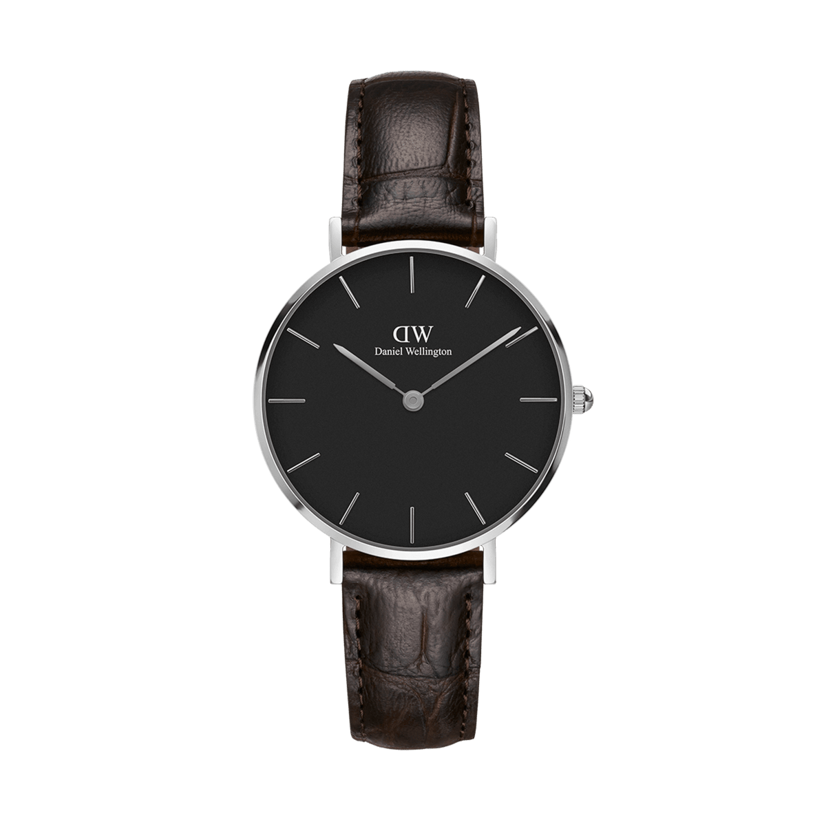 Daniel Wellington Petite York Black Silver ladies watch with a classic black dial, slim silver stainless steel case, and croc-embossed dark brown leather strap, ideal for everyday wear and small wrists.