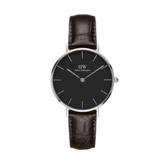 Daniel Wellington Petite York Black Silver ladies watch with a classic black dial, slim silver stainless steel case, and croc-embossed dark brown leather strap, ideal for everyday wear and small wrists.