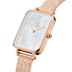 Quadro Lumine Pressed Piano White MoP Rose Gold watch featuring a rectangular rose gold case, mother of pearl dial with crystal hour markers, and a textured piano link bracelet.